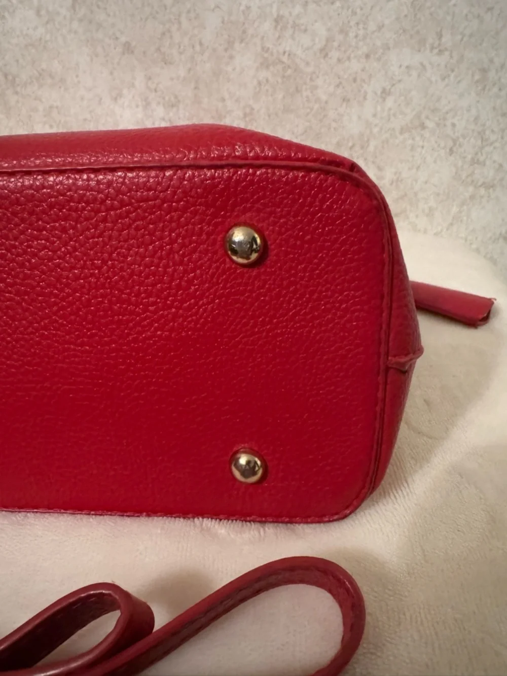 bebe Red Pebbled Fabiola Leather Satchel with Gold Logo Accent with strap.